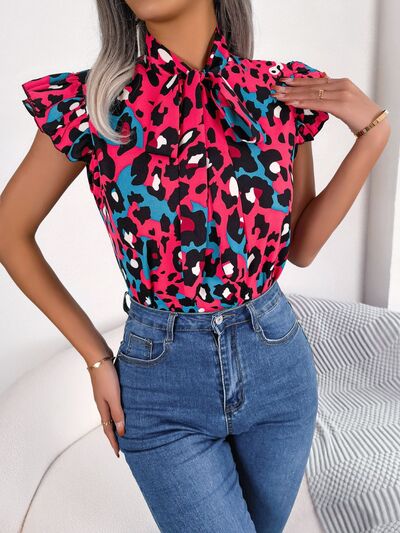 Leopard Tie Neck Cap Sleeve Blouse - Flyclothing LLC