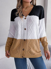 Cable-Knit Striped Button Up Cardigan - Flyclothing LLC