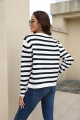 Striped Round Neck Button-Down Dropped Shoulder Cardigan - Flyclothing LLC