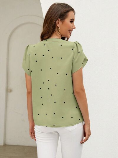 Heart Print Notched Petal Sleeve Blouse - Flyclothing LLC