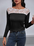 Lace Trim Long Sleeve Round Neck Tee - Trendsi