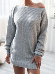 Rib-Knit Balloon Sleeve Boat Neck Sweater Dress - Flyclothing LLC