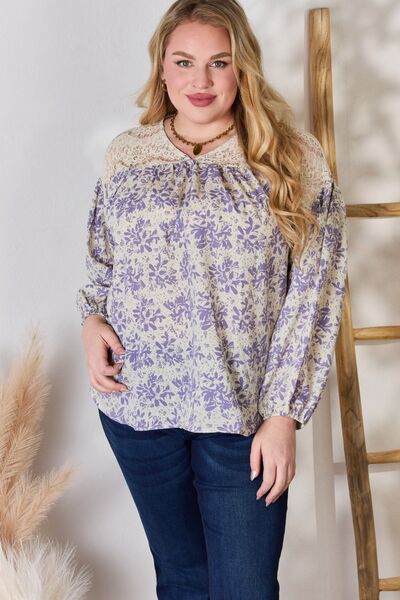 Hailey & Co Full Size Lace Detail Printed Blouse - Flyclothing LLC