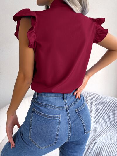 Tie  Neck Cap Sleeve Blouse - Flyclothing LLC