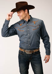 Roper Mens Long Sleeve Snapmed Wash Denim Shirt Smile Pkts Western Shirt