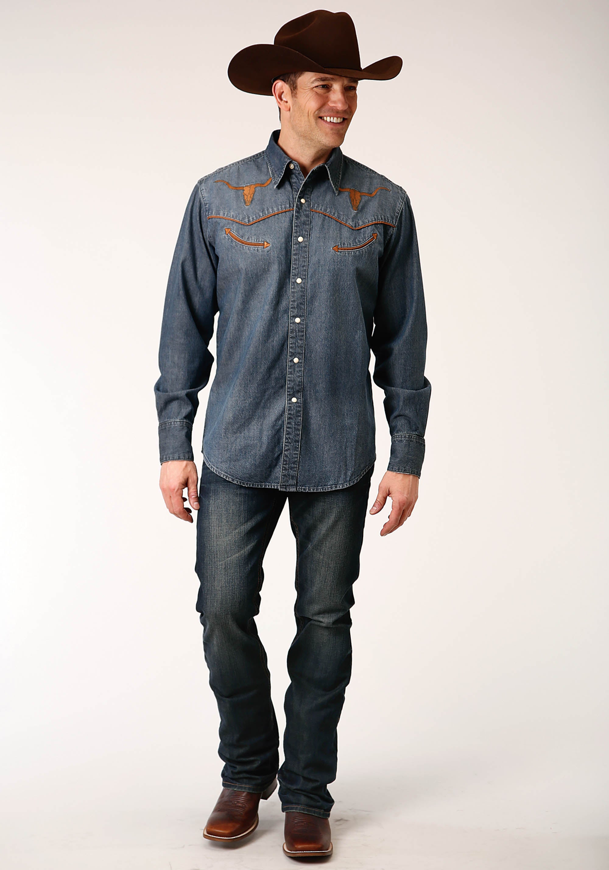 Roper Mens Long Sleeve Snapmed Wash Denim Shirt Smile Pkts Western Shirt - Flyclothing LLC