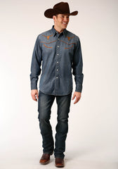 Roper Mens Long Sleeve Snapmed Wash Denim Shirt Smile Pkts Western Shirt - Flyclothing LLC