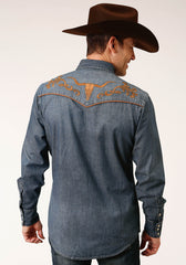 Roper Mens Long Sleeve Snapmed Wash Denim Shirt Smile Pkts Western Shirt - Flyclothing LLC