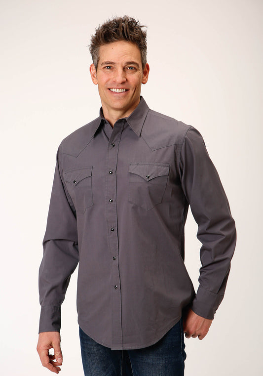 Roper Mens Long Sleeve Snap Solid Poplin Charcoal Western Shirt