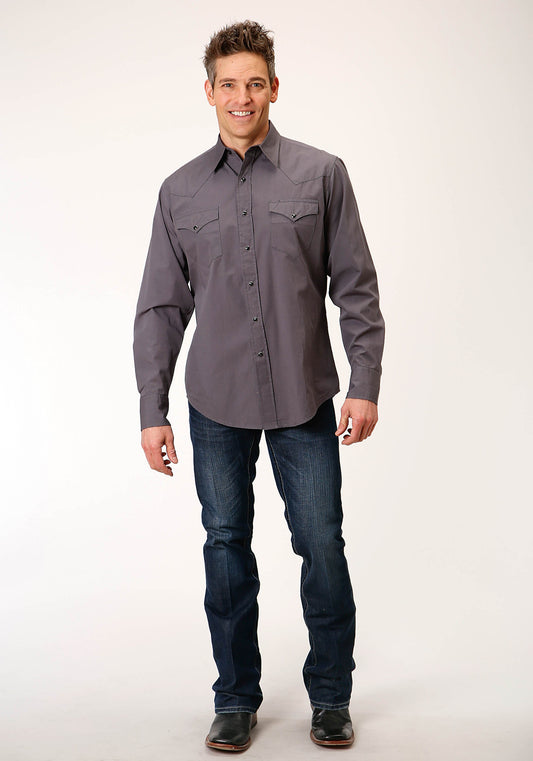 Roper Mens Long Sleeve Snap Solid Poplin Charcoal Western Shirt - Flyclothing LLC