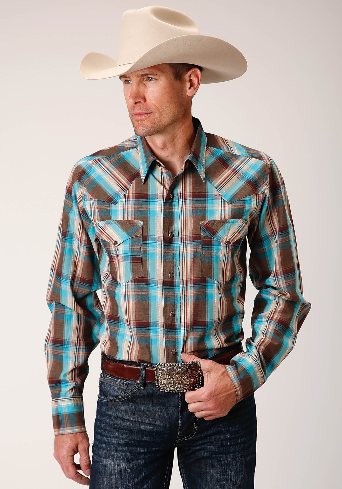 Roper Mens Long Sleeve Snap Desert Dobby Plaid Western Shirt