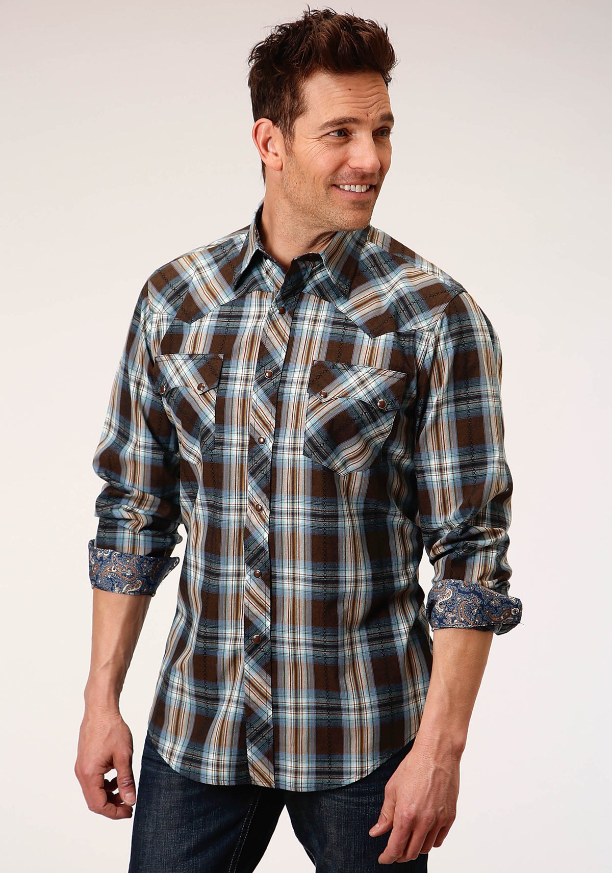 Roper Mens Long Sleeve Snap Crossing Dobby Plaid Western Shirt