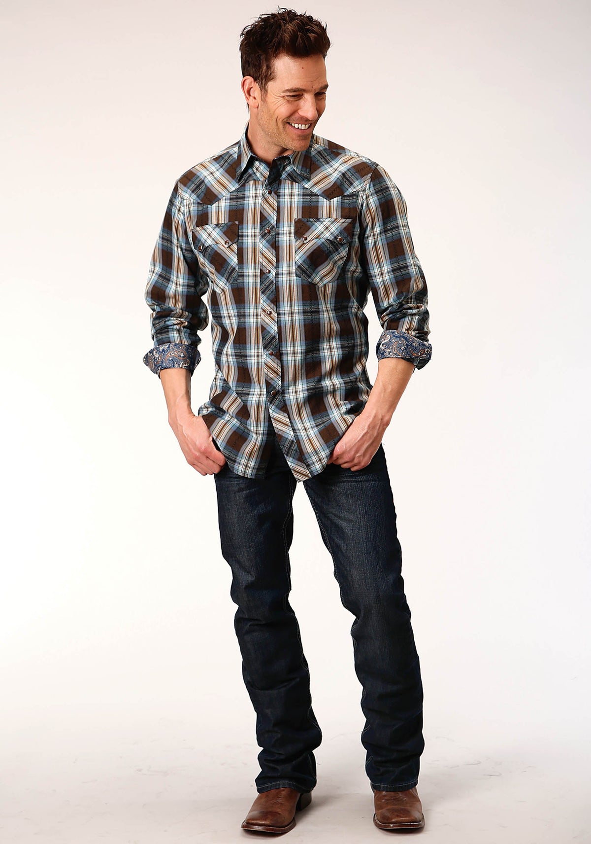 Roper Mens Long Sleeve Snap Crossing Dobby Plaid Western Shirt - Flyclothing LLC