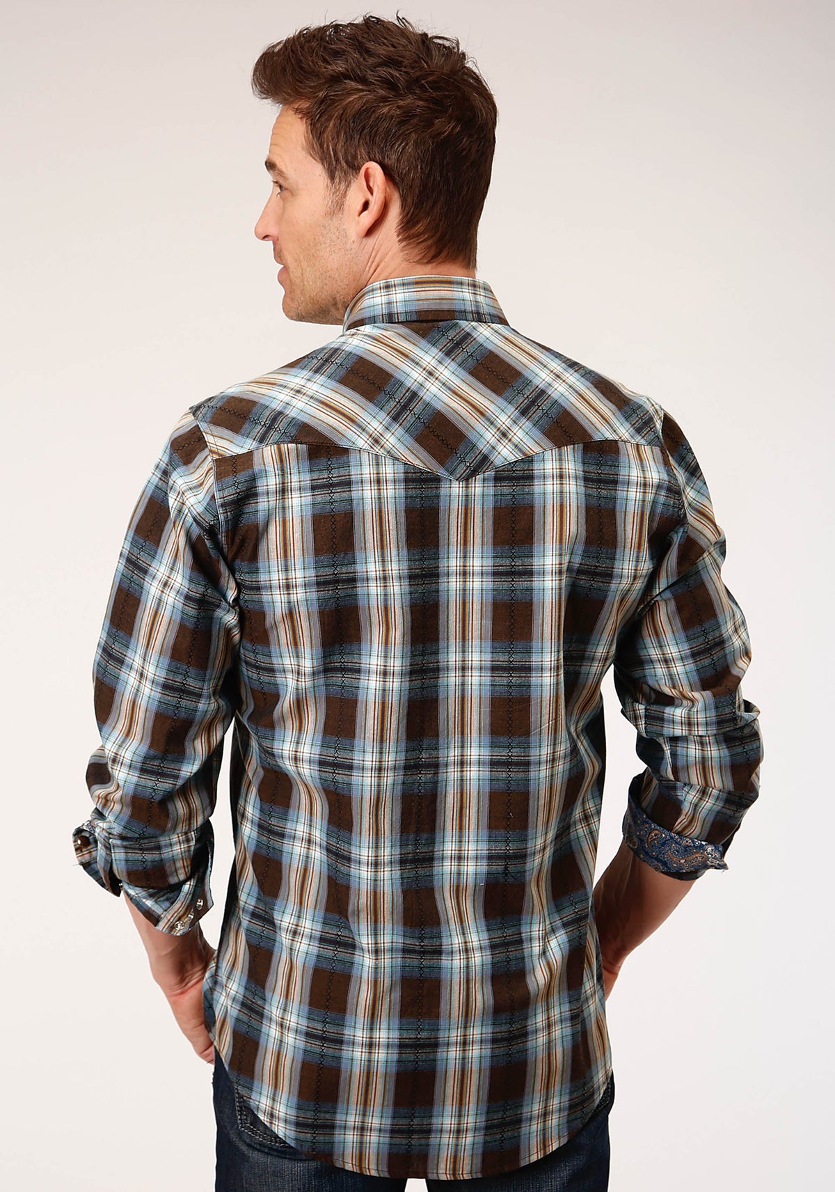 Roper Mens Long Sleeve Snap Crossing Dobby Plaid Western Shirt - Flyclothing LLC