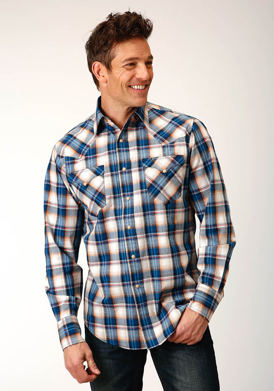 Roper Mens Long Sleeve Snap Denim Plaid Western Shirt