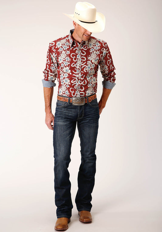 Roper Mens Long Sleeve Snap Hawaiian Horseshoes Print Western Shirt - Flyclothing LLC