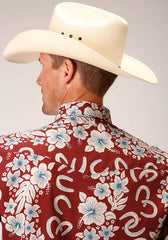 Roper Mens Long Sleeve Snap Hawaiian Horseshoes Print Western Shirt - Flyclothing LLC