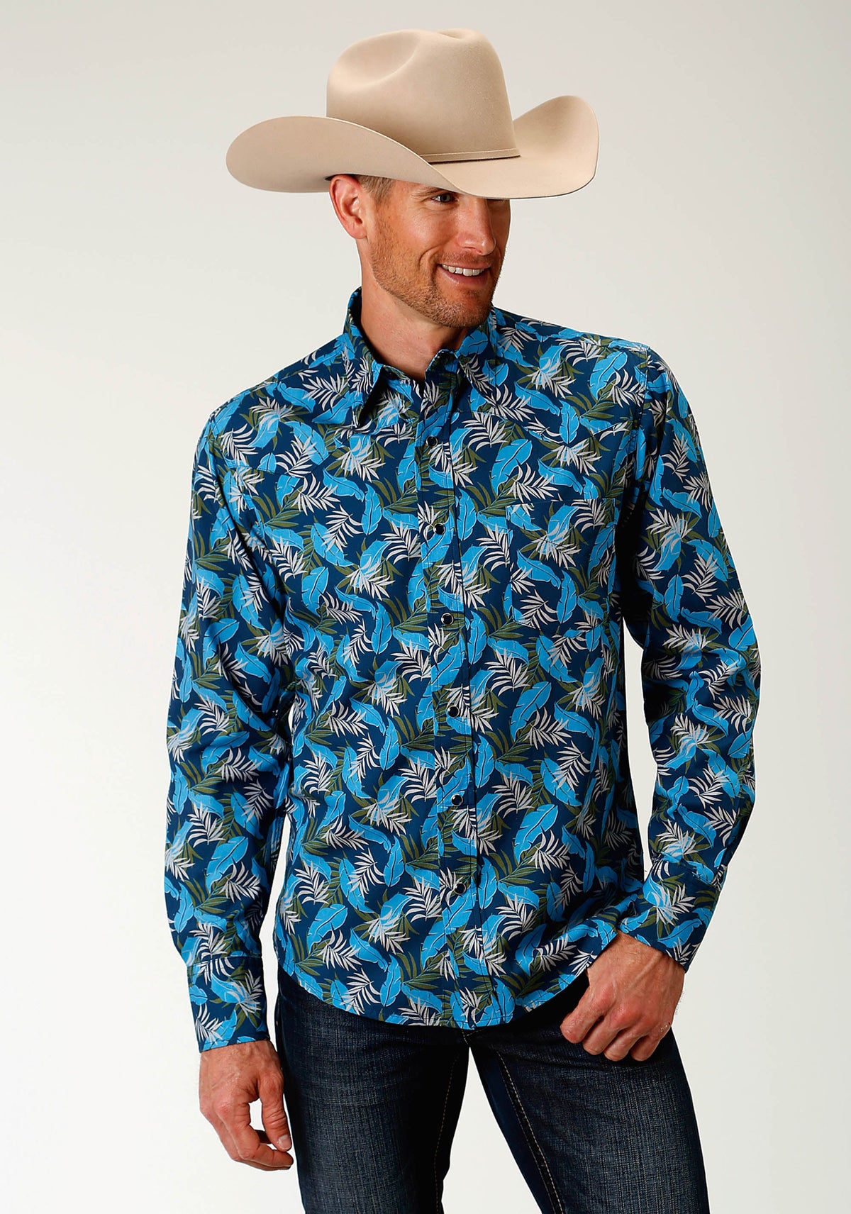 Roper Mens Blue Tropics Print Long Sleeve Western Long Sleeve Snap Shirt