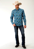 Roper Mens Blue Tropics Print Long Sleeve Western Long Sleeve Snap Shirt - Flyclothing LLC