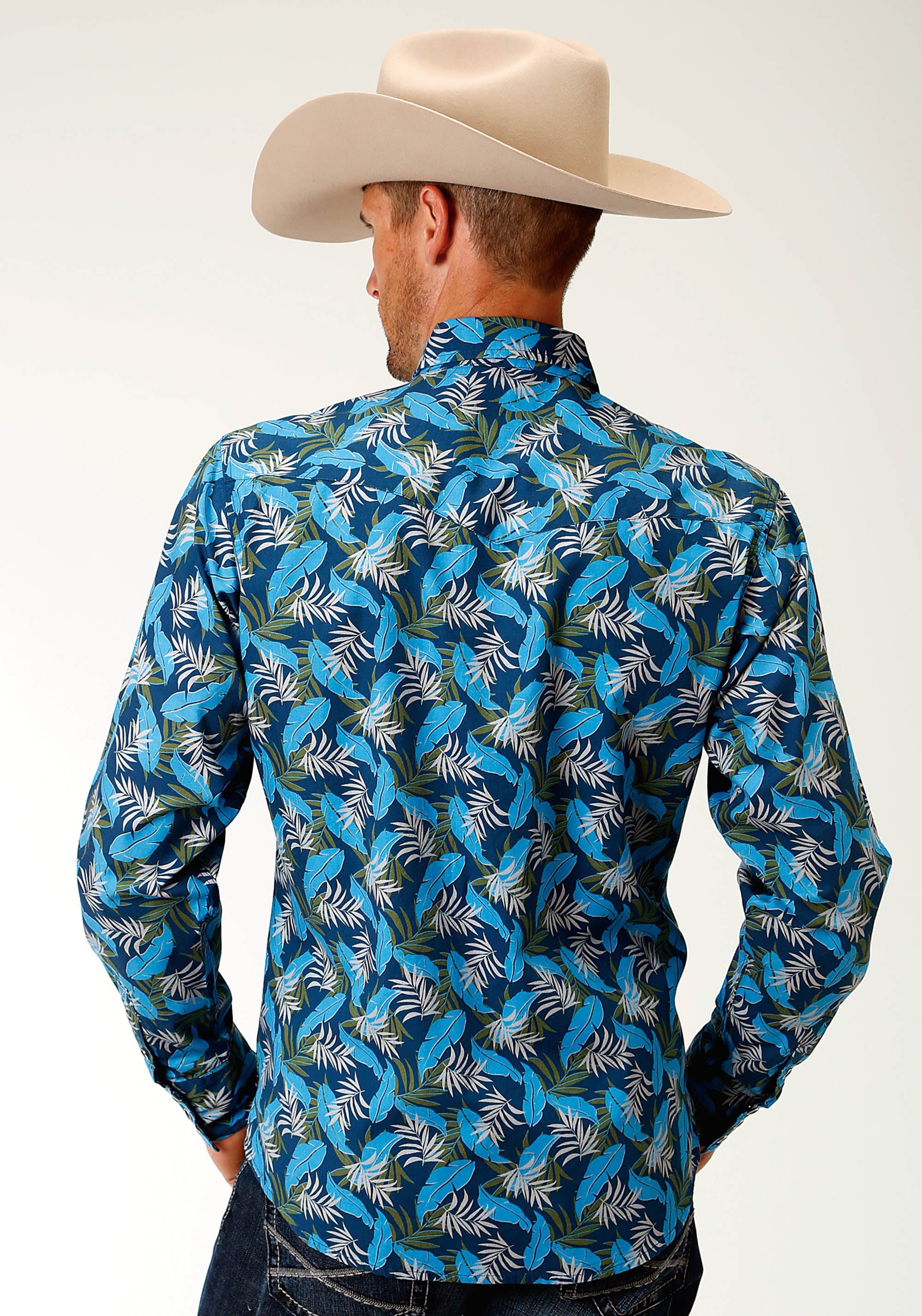 Roper Mens Blue Tropics Print Long Sleeve Western Long Sleeve Snap Shirt - Flyclothing LLC