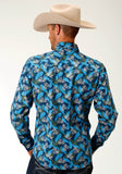 Roper Mens Blue Tropics Print Long Sleeve Western Long Sleeve Snap Shirt - Flyclothing LLC