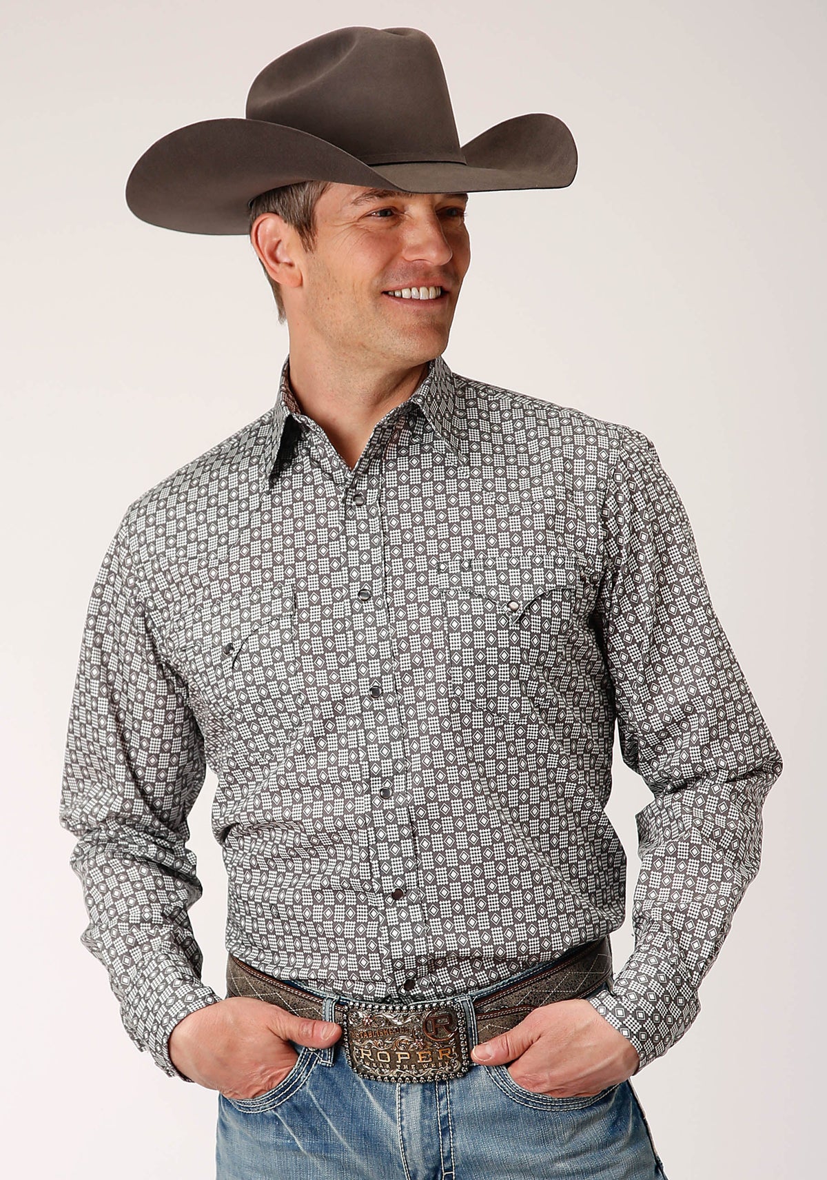 Roper Mens Long Sleeve Snap Checked Diamonds Print Western Shirt