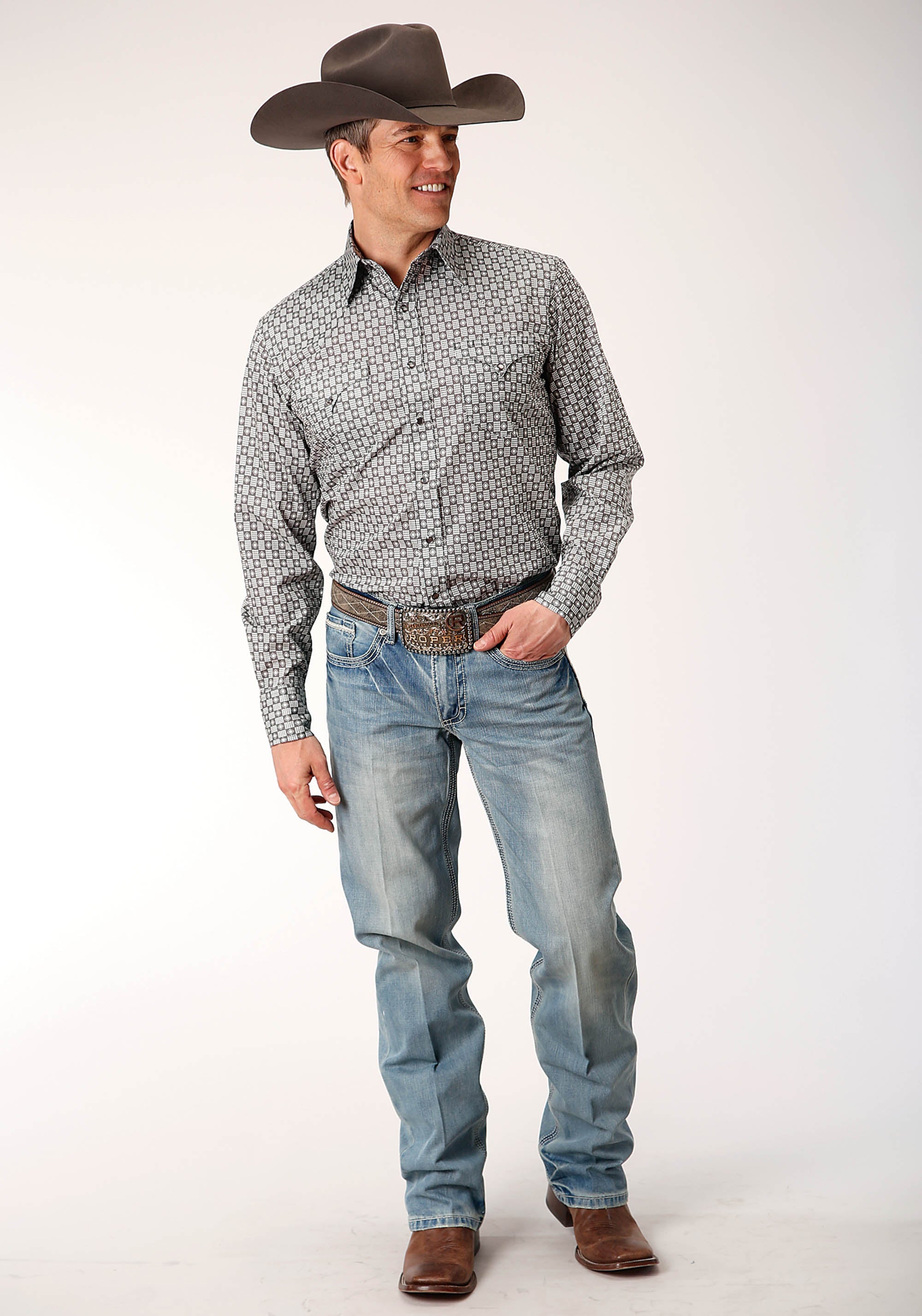 Roper Mens Long Sleeve Snap Checked Diamonds Print Western Shirt - Flyclothing LLC