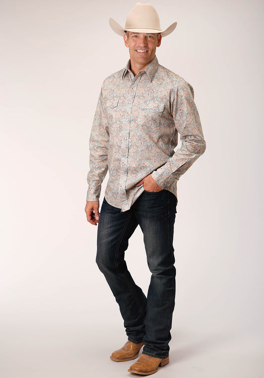 Roper Mens Long Sleeve Snap Dot Paisley Print Western Shirt - Flyclothing LLC