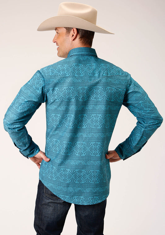 Roper Mens Long Sleeve Snap Texture Aztec Print Western Shirt - Flyclothing LLC