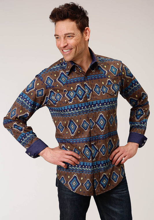 Roper Mens Long Sleeve Snap Chocolate Aztec Print Western Shirt