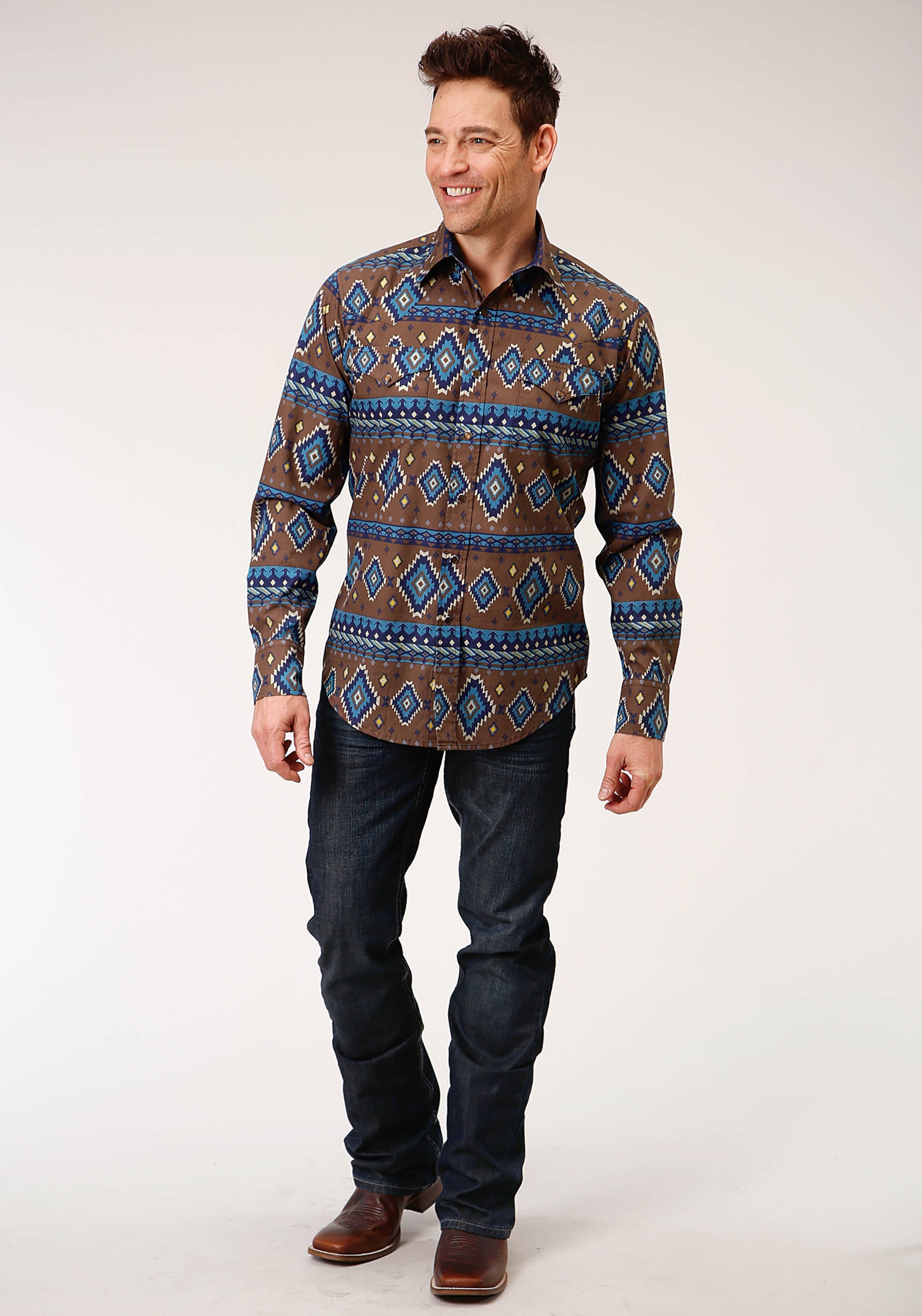 Roper Mens Long Sleeve Snap Chocolate Aztec Print Western Shirt - Flyclothing LLC