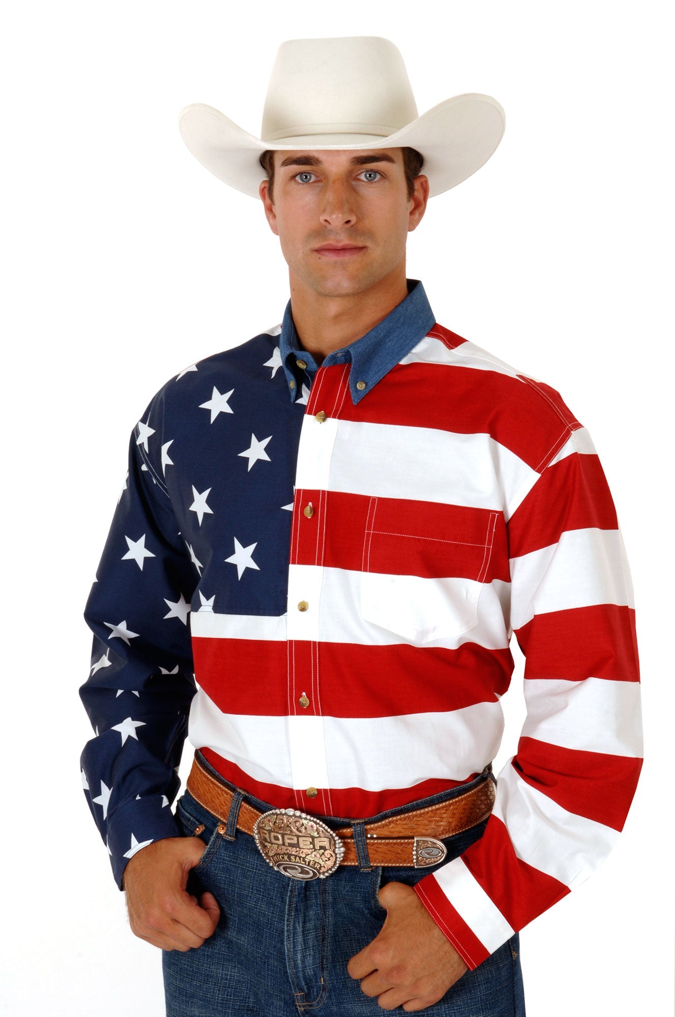 Roper Mens Red White And Blue Stars And Stripes Pieced American Flag Long Sleeve Western Snap Shirt Tall Fit