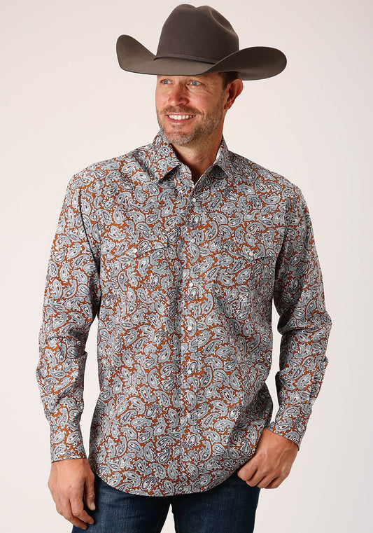 Roper Mens Long Sleeve Snap Copper Spring Paisley Western Shirt