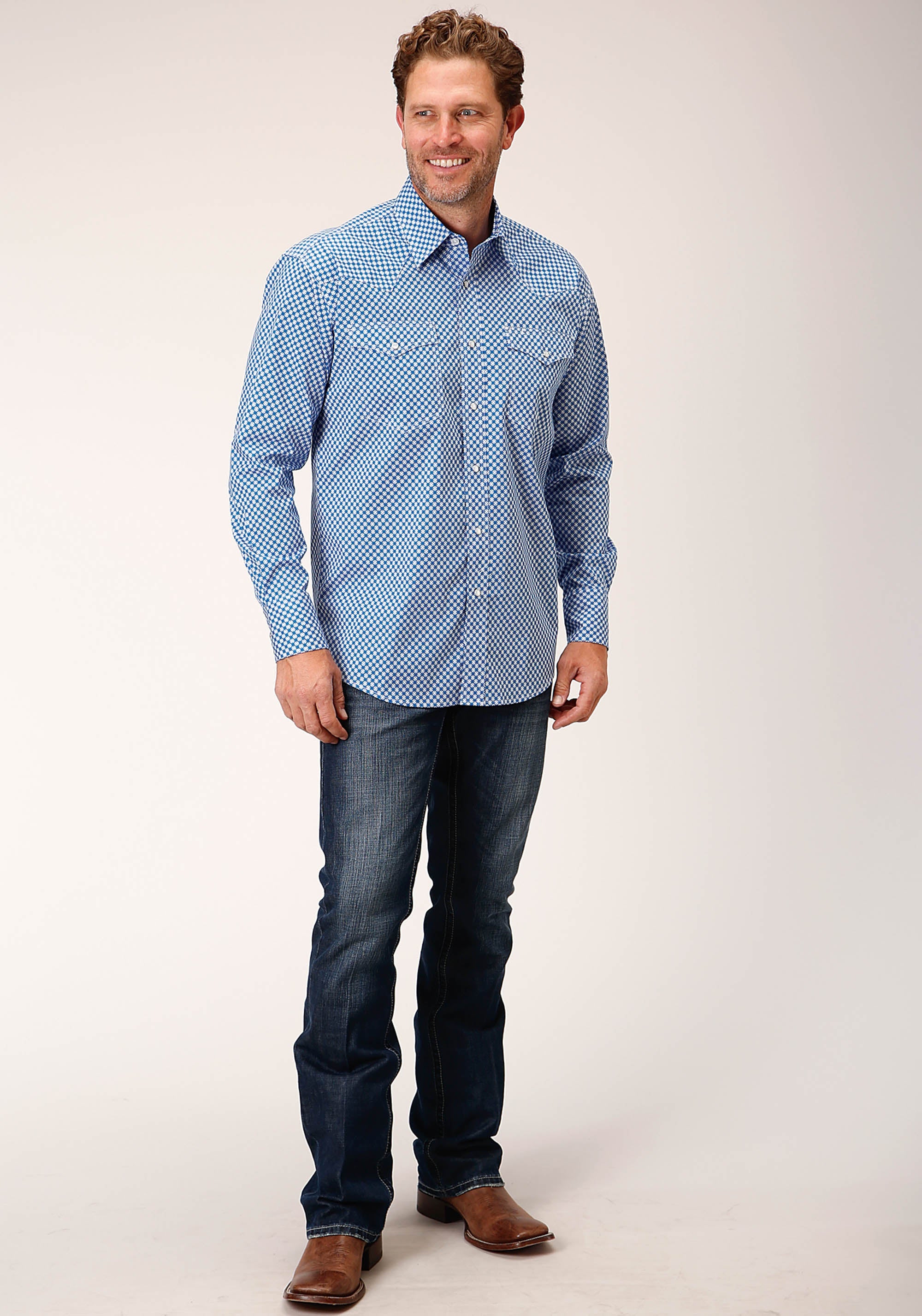 Roper Mens Long Sleeve Snap Diamond Star Geo Blue Western Shirt - Flyclothing LLC