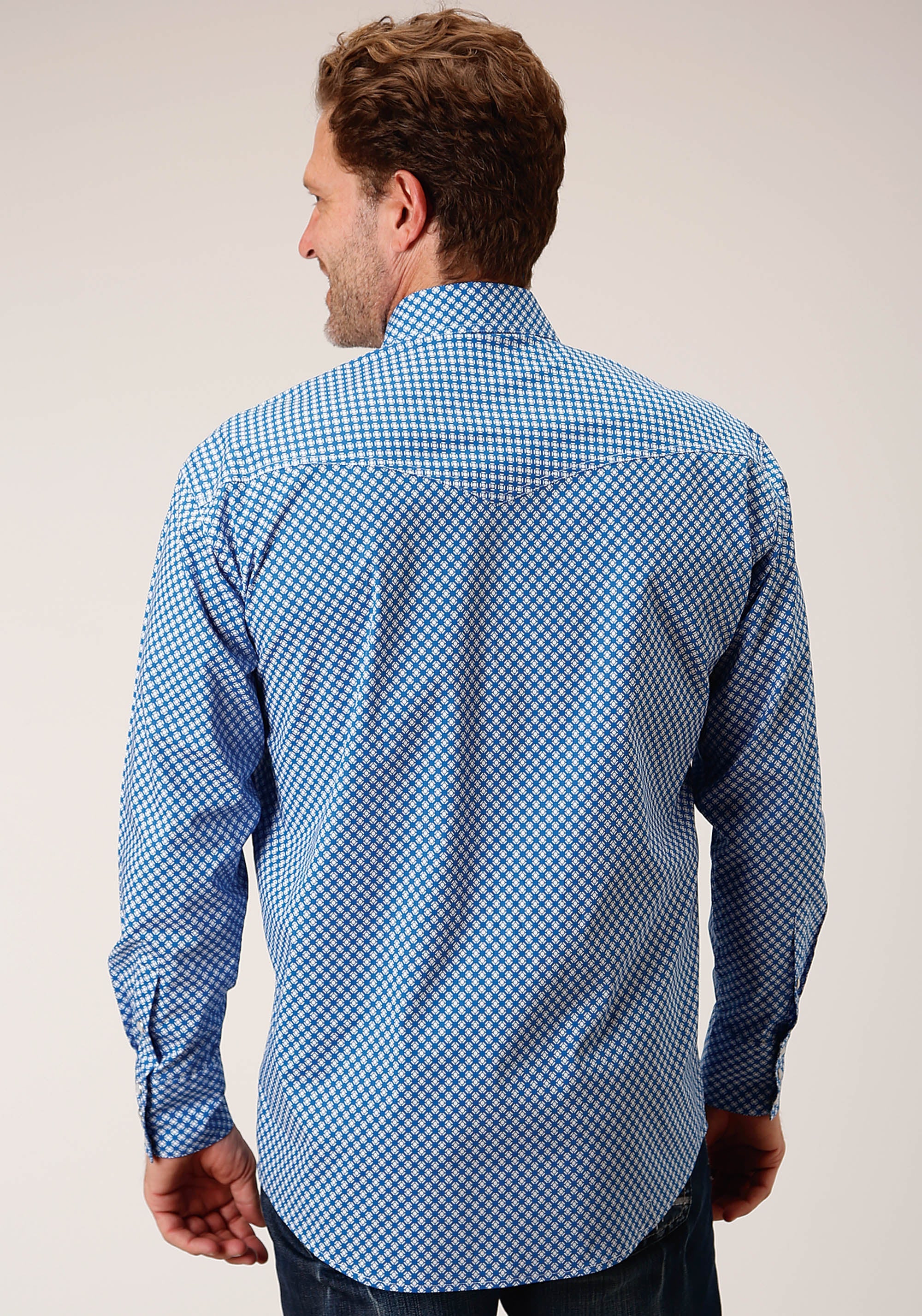 Roper Mens Long Sleeve Snap Diamond Star Geo Blue Western Shirt - Flyclothing LLC