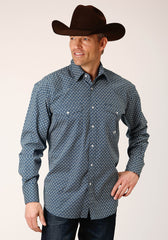 Roper Mens Long Sleeve Snap Diamond Print Navy Western Shirt