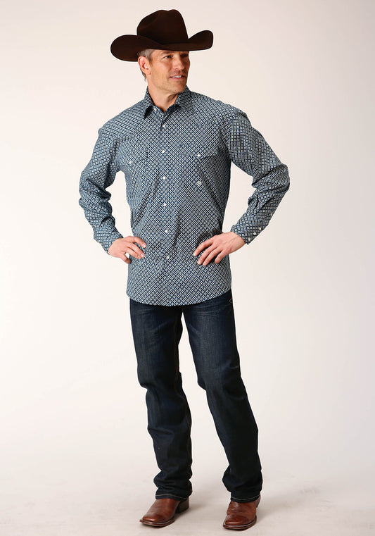 Roper Mens Long Sleeve Snap Diamond Print Navy Western Shirt - Flyclothing LLC