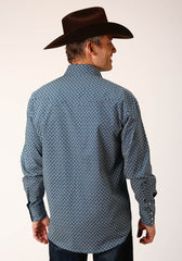 Roper Mens Long Sleeve Snap Diamond Print Navy Western Shirt - Flyclothing LLC