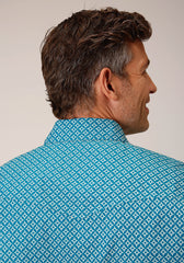 Roper Mens Long Sleeve Snap Diamond Print Turquoise Western Shirt - Flyclothing LLC