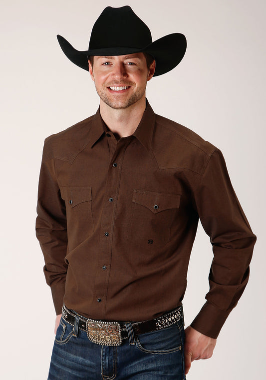 Roper Mens Long Sleeve Snap Black Fill Brown Western Shirt