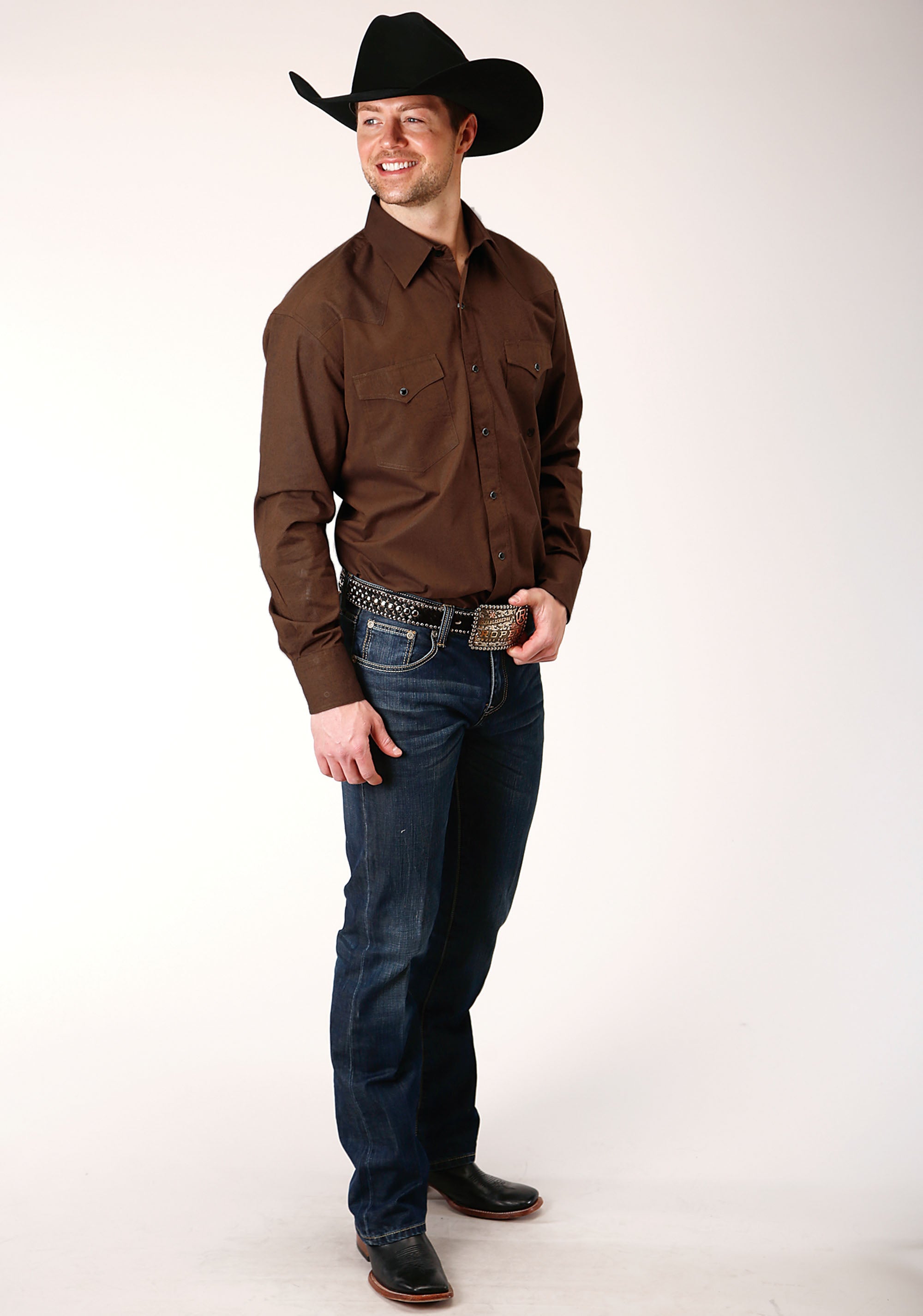 Roper Mens Long Sleeve Snap Black Fill Brown Western Shirt - Flyclothing LLC