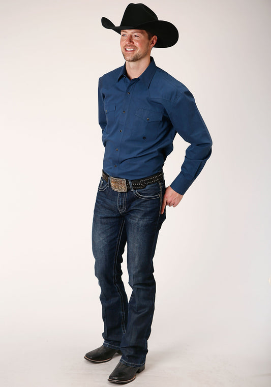 Roper Mens Long Sleeve Snap Black Fill Solid Blue Western Shirt - Flyclothing LLC