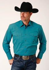 Roper Mens Long Sleeve Snap Black Fill Solid Teal Western Shirt