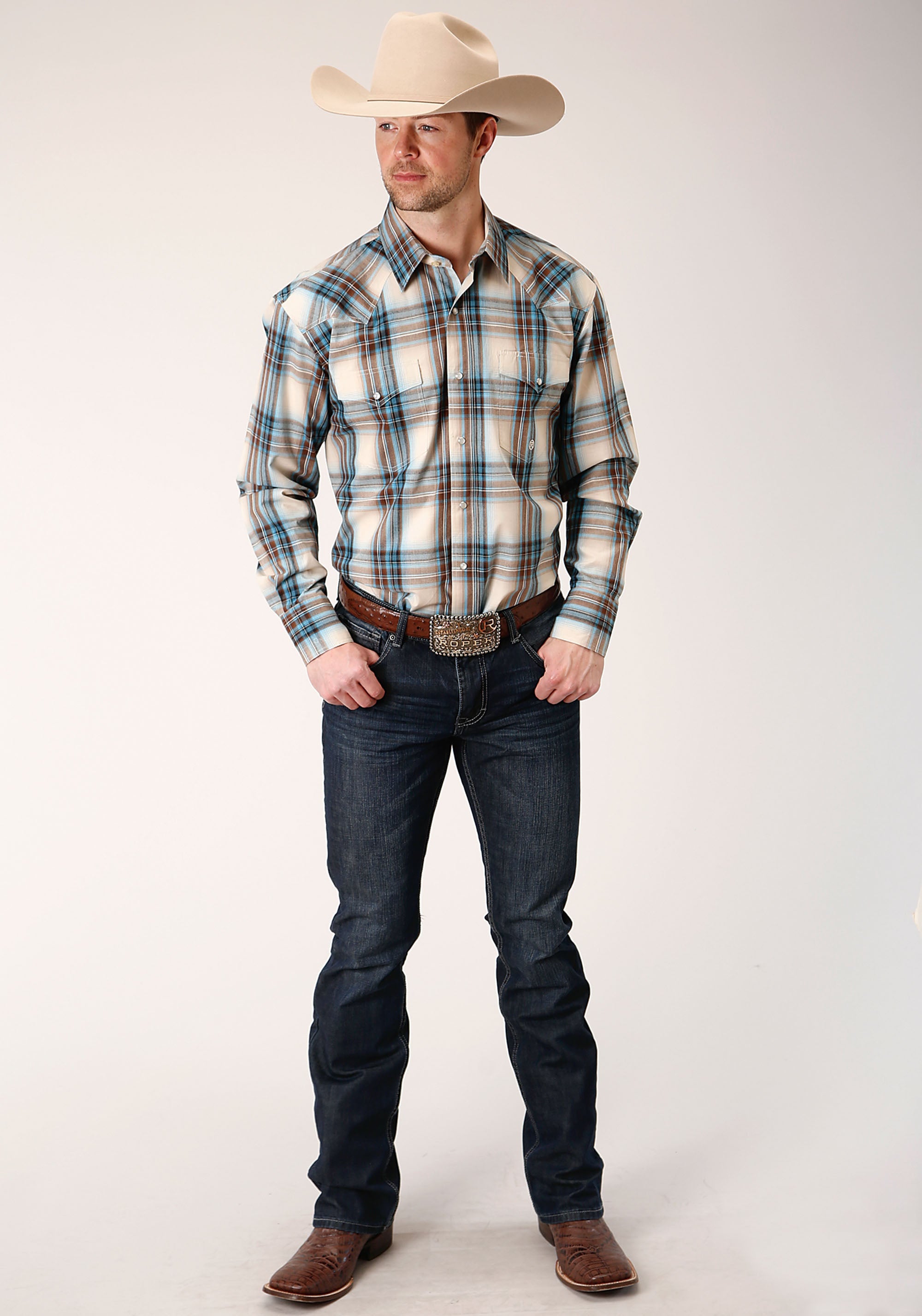 Roper Mens Long Sleeve Snap Cocao Plaid Western Shirt - Flyclothing LLC