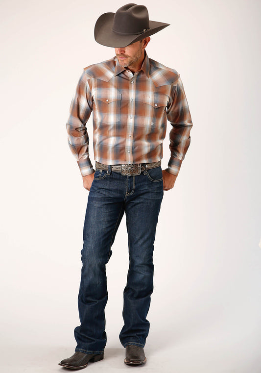 Roper Mens Long Sleeve Snap Copper Ombre Plaid Western Shirt - Flyclothing LLC