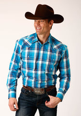 Roper Mens Long Sleeve Snap Blue Moon Plaid Western Shirt