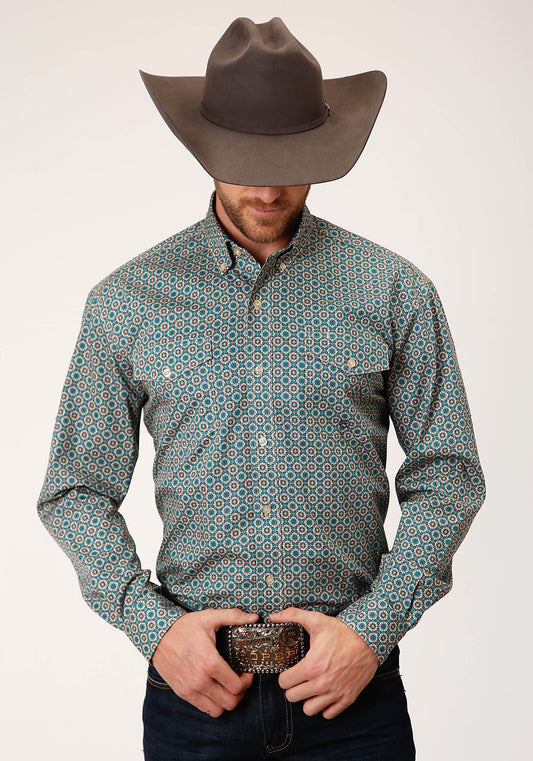 Roper Mens Long Sleeve Button Teal Foulard Western Shirt