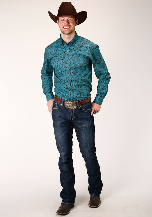 Roper Mens Long Sleeve Button Blue Agave Paisley Western Shirt