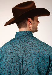 Roper Mens Long Sleeve Button Blue Agave Paisley Western Shirt - Flyclothing LLC