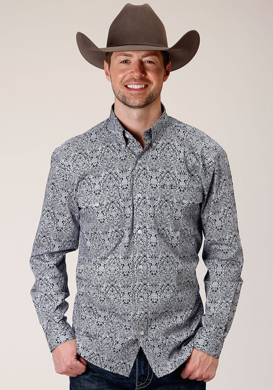 Roper Mens Long Sleeve Button Crystal Medallion Western Shirt